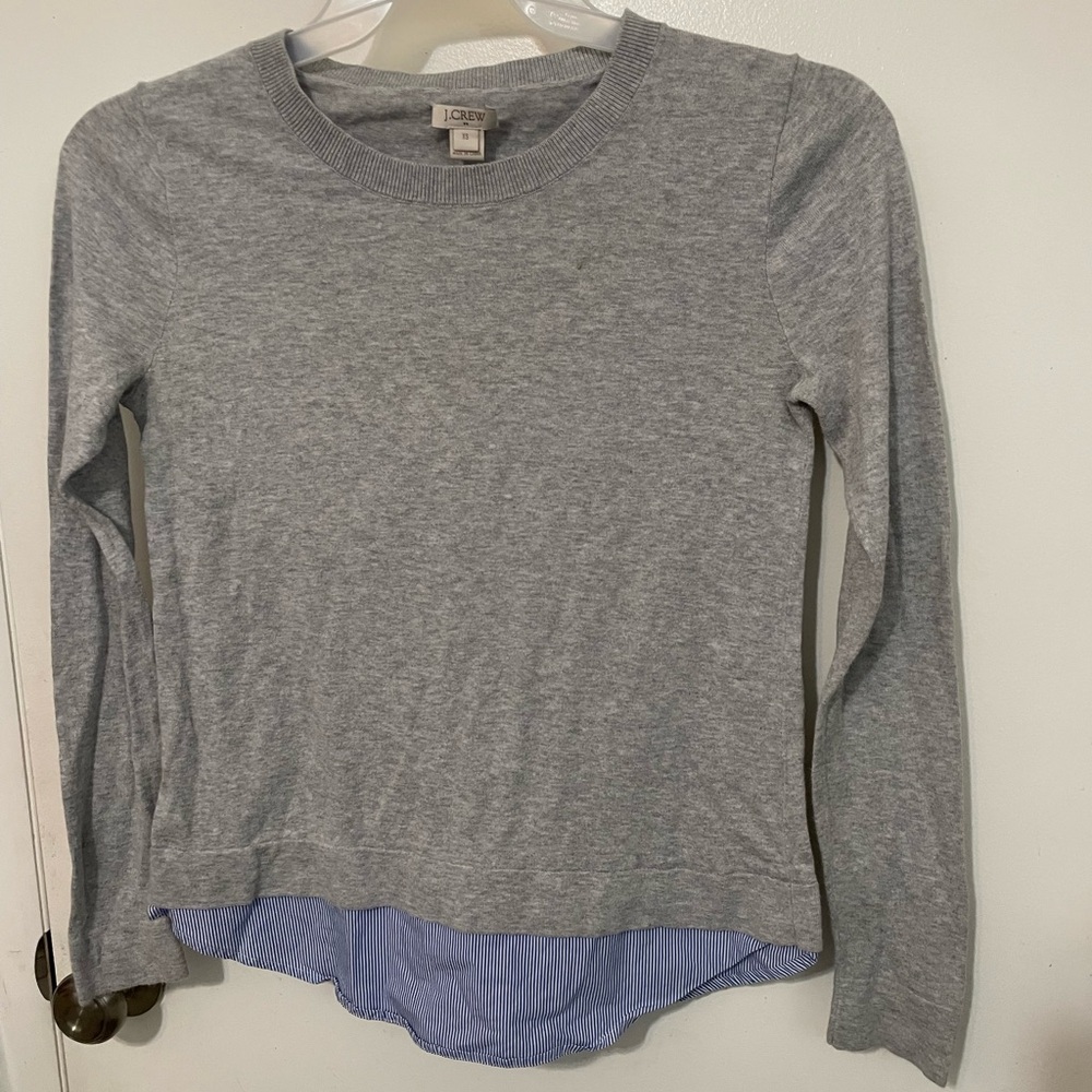 J. Crew long Sleeve Gray Sweater top with Contrasting blue white pinstripe hem